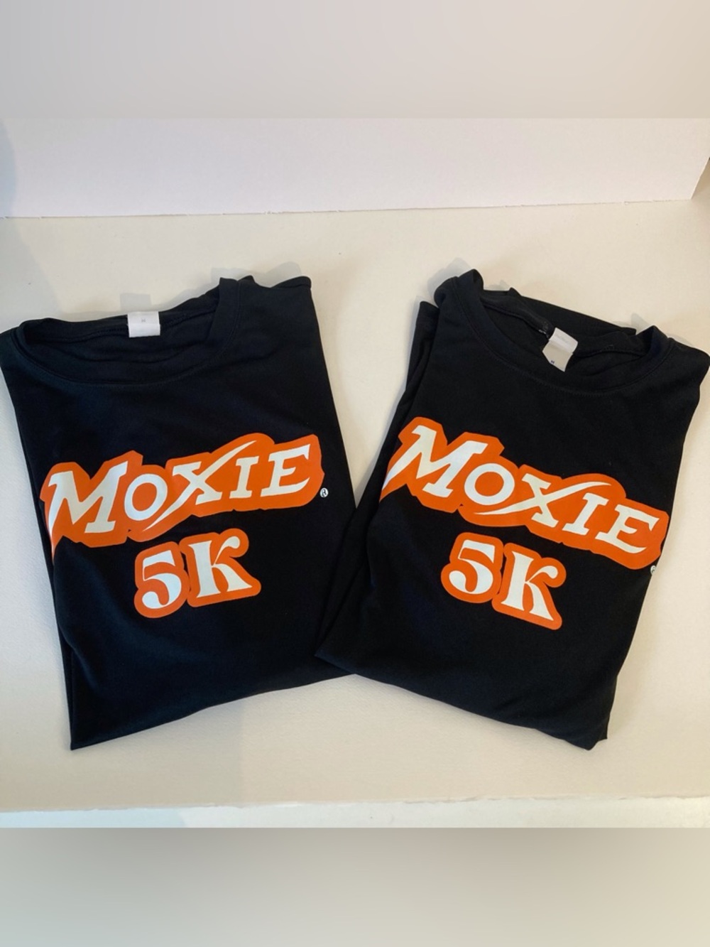 Lot of 2 Moxie 5K Performance Tee Shirts, Sz Med, Peace, Love, & Moxie, Maine